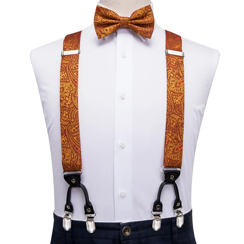 BD-3021, Hi-Tie, Шелковый, для взрослых, мужской, подтяжки, галстук, набор, кожа, металл, 6 зажимы подтяжек, золотой, коричневый, Пейсли, Эластичные подтяжки для мужчин