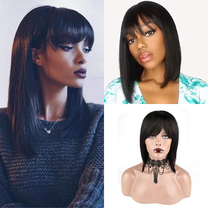 Bliss Short Wigs with Bangs 100% Human Hair Straight Brazilian Remy Natural Color for Women | Шиньоны и парики