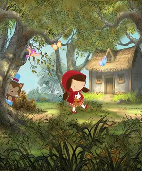 

5x7FT Little Red Riding Hood Fairy Tale Forest Butterfly Bird Trees Custom Photo Studio Background Backdrop Vinyl 150cm X 220cm