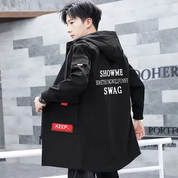 

Mid-length Windbreaker Male High School Student Handsome Slim Coat Korean Trend Tooling Coat Spring and Autumn Thin Coat