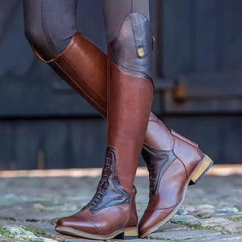 

US4-11 Womens Pointed Toe Match Colors Chunky Low Heel Punk Knee High Thigh Boots Riding Equestrain Shoes New Plus Size