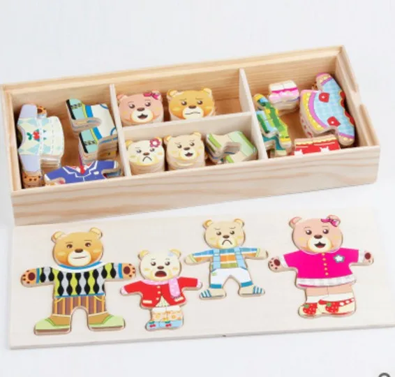 

Wood Children Bear Changing Clothes Educational Dressing Jigsaw Puzzle Game Building Blocks Toy Material Area in Primary Class