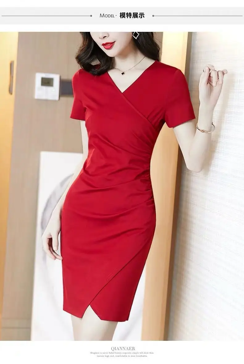 Dresses Womens Summer V-Neck Solid Plus Size 4XL Skinny Office Lady Temperament Bodycon Business Package Hip Split Sexy Women red dress