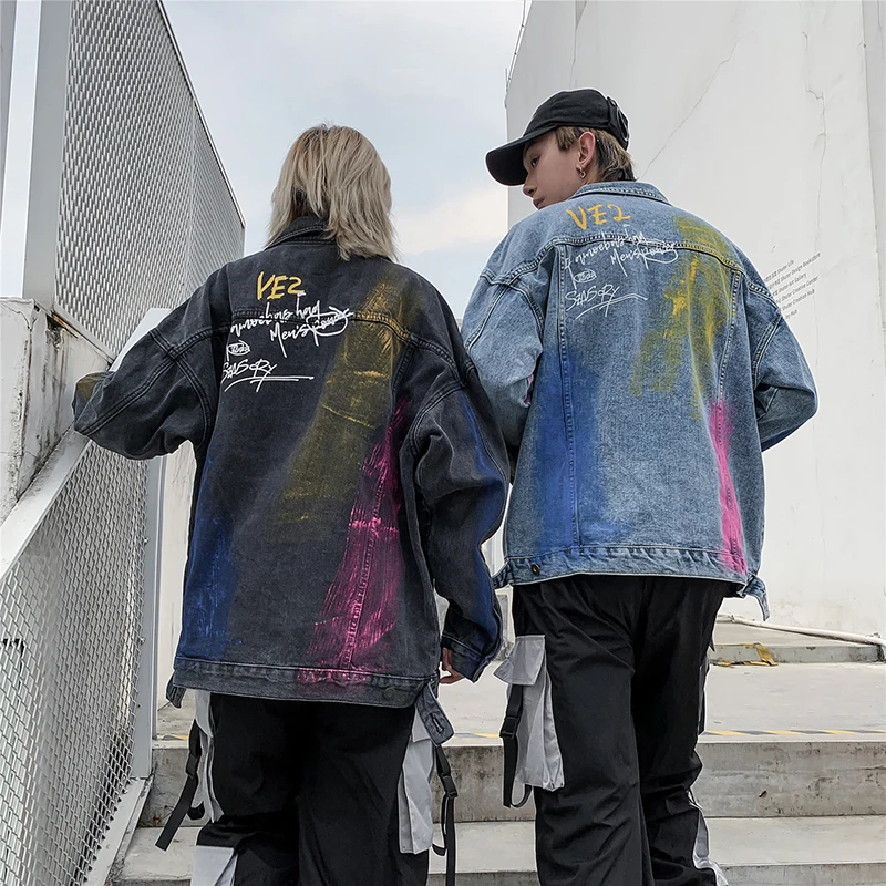 Мужская джинсовая куртка с принтом радуги граффити огня пламя мужская ковбойская куртка однобортный хип хоп мужские куртки и пальто уличная