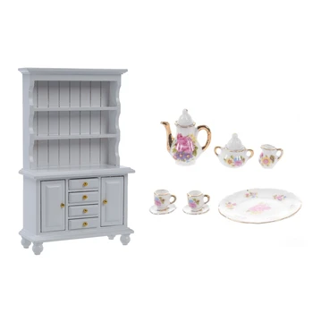 

1x 1/12 Dollhouse Miniature Furniture Multifunction Wood Cabinet Bookcase White & 8Pcs Dollhouse Miniature Dining Ware Porcelain