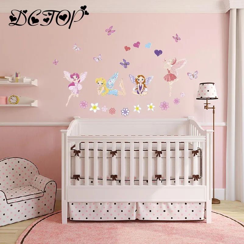 Beautiful Fairy Girl in Flowers Wall Stickers Art DIY Butterflies Decals For Kids Baby Room Home Princess Decor Removable Mural (6)