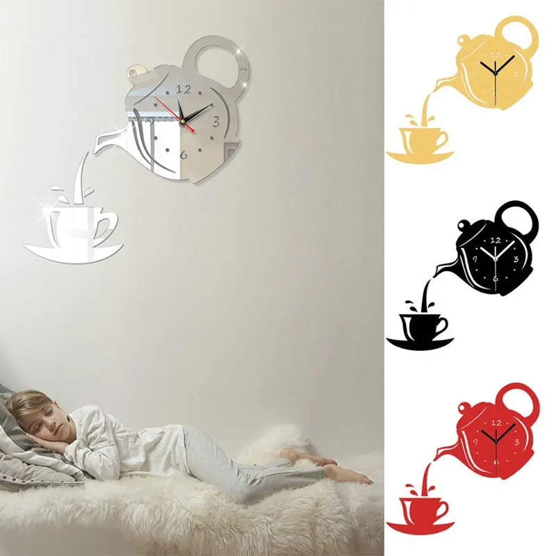3D Wall Art Clock Stickers Acrylic Coffee Cup Teapot Self Adhesive Mirror DIY Wall Clock Kitchen Home Teahouse Decoration
