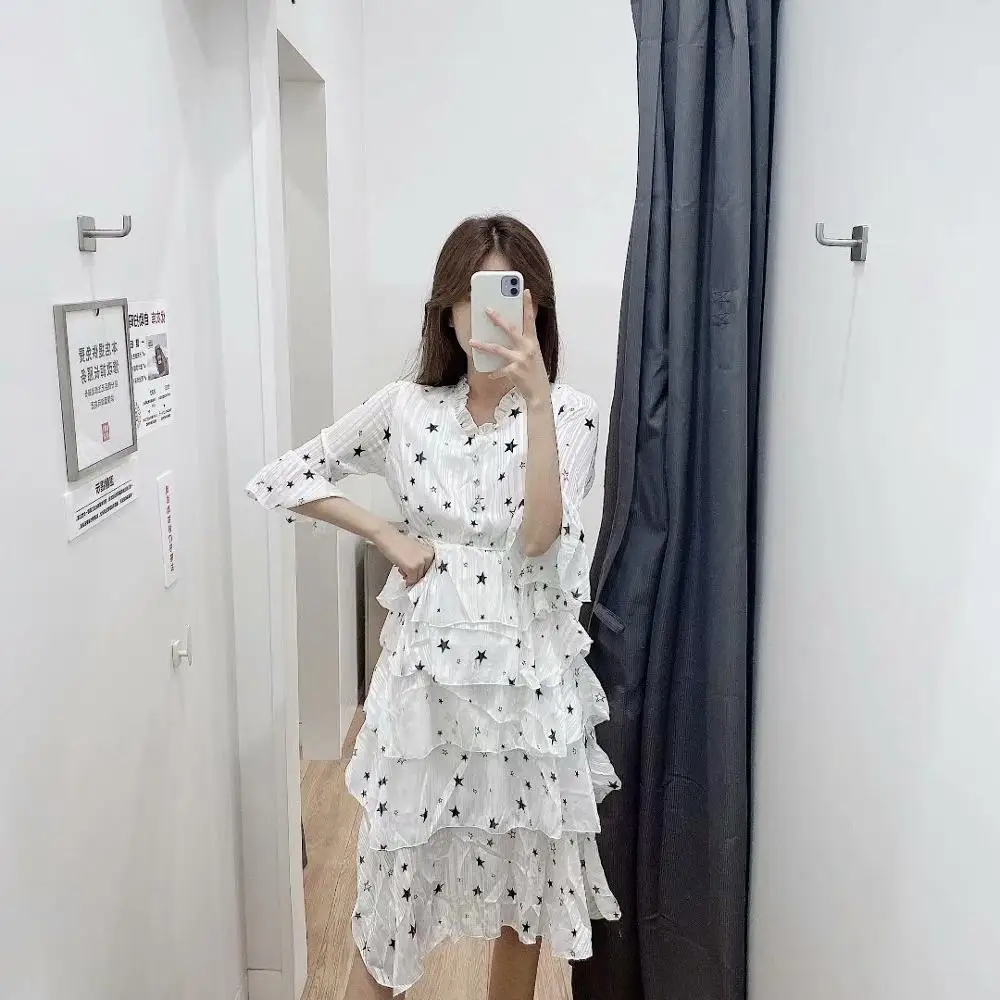 

Women dress za 2019 star print casual dress cascading ruffles vestidos midi high waist elastic dress women chic ropa mujer