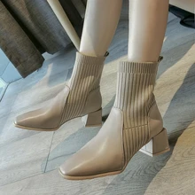 Botas de punto para mujer, calcetines elásticos, botas de tacón grueso con punta cuadrada, Botines Chelsea a la moda, otoño e invierno, 2021, envío gratis