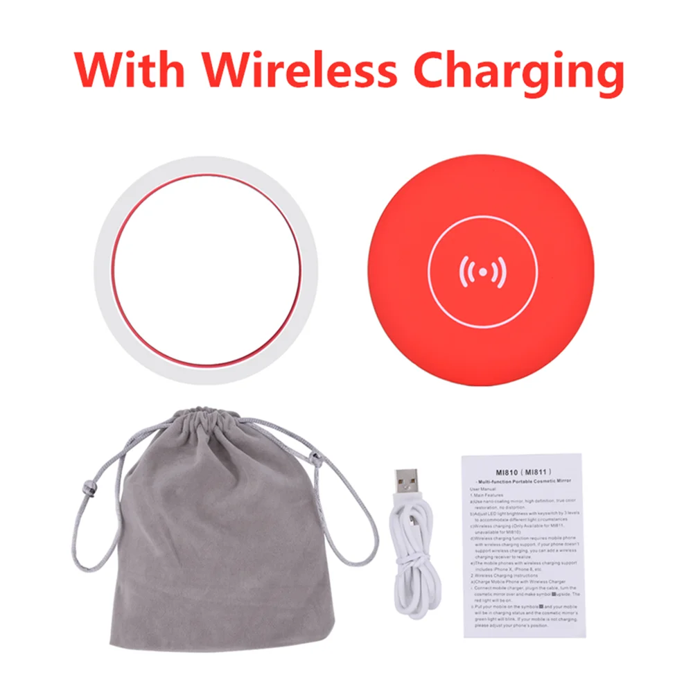 Charger Red Регулируемый светодиодный мини круговой зеркало для макияжа портативное карманное освещение для путешествий косметическое зеркало USB Беспроводная зарядка - Цвет: Charger Red