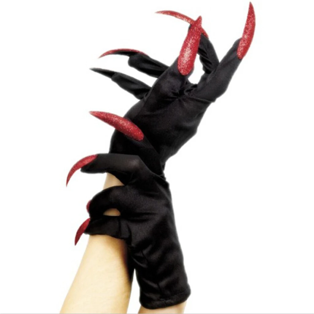 Scary Devil W/ Red Glitter Nails Halloween Party Gloves Costume Fancy Dress