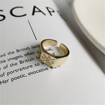 

RUIYI Real 925 Sterling Silver Women Vintage 18K Gold Simple Rings Female Delicate Niche Letter BTMS Square Original Chic Rings