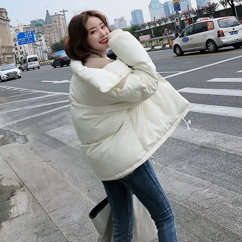 

Korean-style Cotton Coat Solid Color Stand Collar Hidden Button Winter Long Sleeve Thick Short Straight-Cut Casual Women's Elega