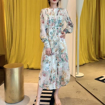 

Summer Ladies Chiffon Print Embroidery Ruffle See-through Sexy Long Dress2020New Women's Long Sleeve Party Pleated Dress bing XL