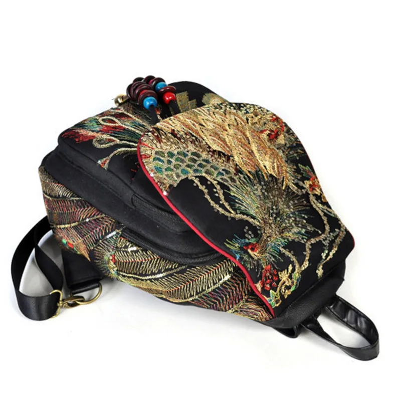 Рюкзак женский винтажный с вышивкой Фениксом и бисером | Багаж сумки