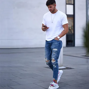 

Man Knee Holes Pants Bound Feet Jeans Men's Wear 2019 New Fashion Streetwear Design Pencil Pants Comfortable Male Denim Trousers