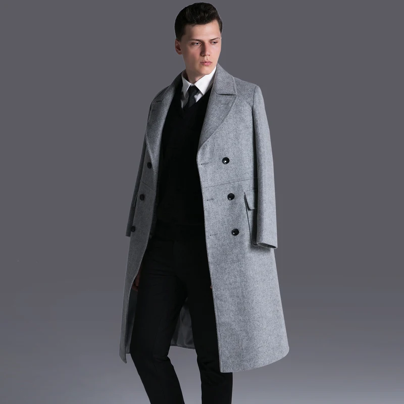 

Men Double Breasted Long Wool Coat Fashion Winter Turn-Down Collar Work Business Thick Army Green Blends Slim Pea Coat E26
