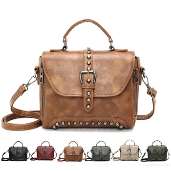 

Women's Shoulder Messenger Bag Tote High Quality PU Leather Lexury Handbag Crossbody Vintage Bag For Lady Girls Black With Rivet
