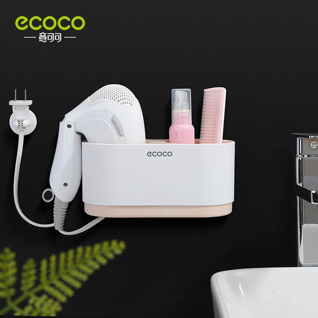 ECOCO Hair Dryer Rack Wall Mounted Punch Free Bathroom Accessories Set Home Bathroom Shelve Bathroom Holder Tool Drainage pink