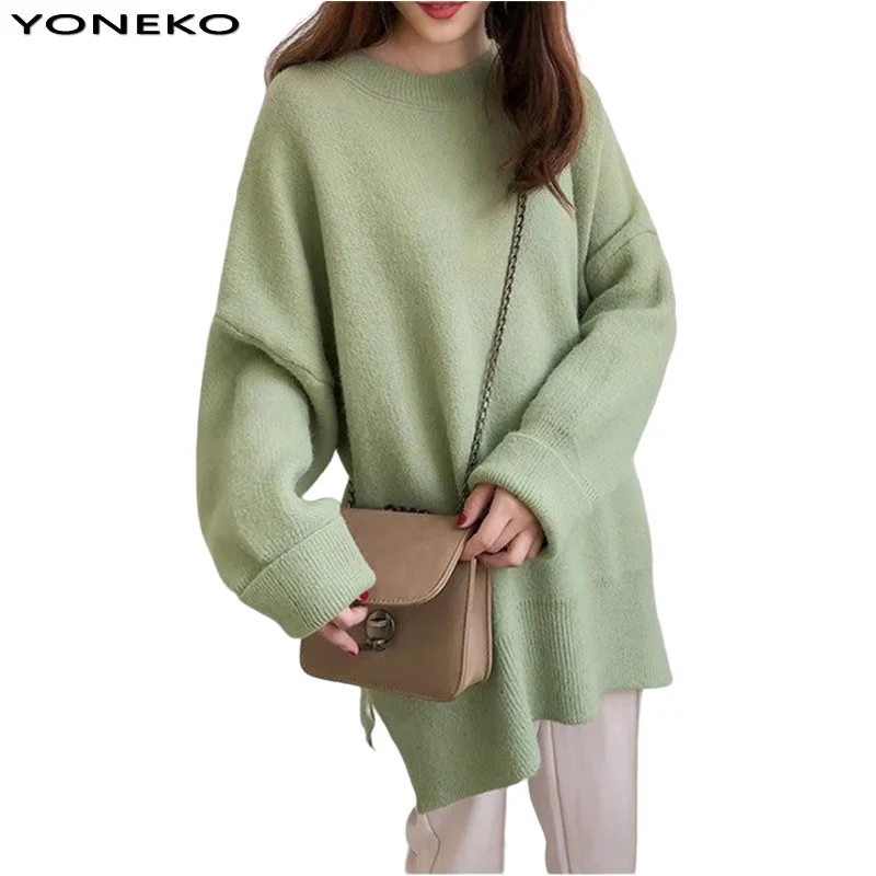 

Pullovers Women Solid Side Slit Thicker Loose Ulzzang Oversize Female Chic Sweater All-match Elegant Daily Warm Simple New Soft