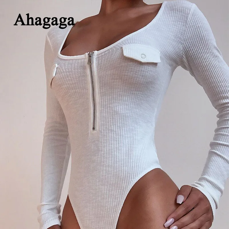 

2019 Autumn Casual Bodysuits Women Solid Color Fashion Skinny Long Sleeve O-neck Regular Zipper Streetwear Women Rompers Female