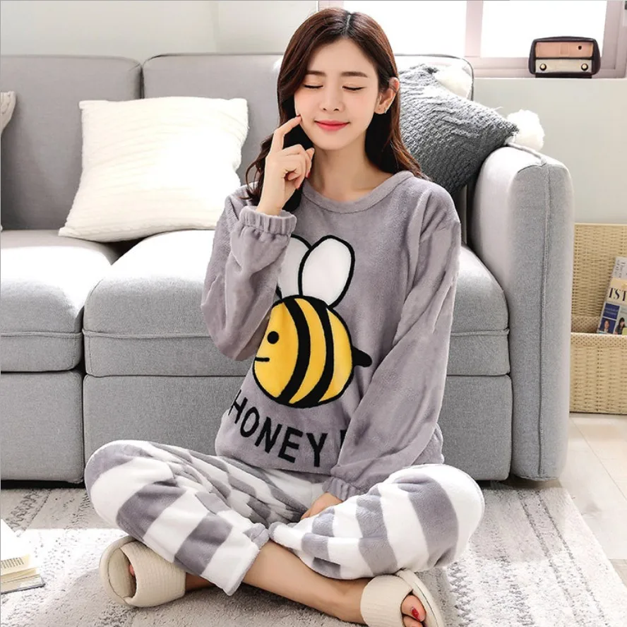 Gray bee Флисовая плотная Пижама с рисунком Чеширского Кота длинные штаны на весну-зиму пижамный комплект из 2 предметов пижамы с эластичной резинкой на талии S99102 - Цвет: Gray bee