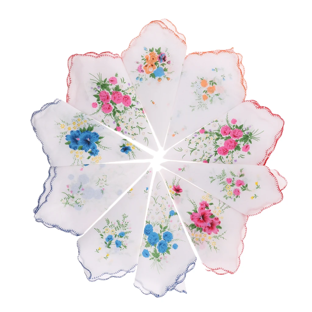 10PCS Womens Beautiful Cotton Floral Handkerchief Wendding Party Fabric Hanky