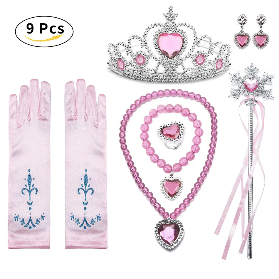 Girls Anna Elsa Cosplay Sets Crown Magic Wand Necklace Wig Gloves Accessories Earring Bracelet Halloween Party Dress Up Props