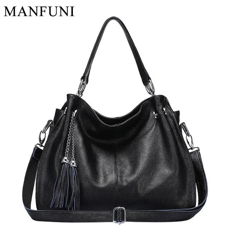 Модная женская сумка тоут с кисточками 100% натуральная кожа черная через плечо