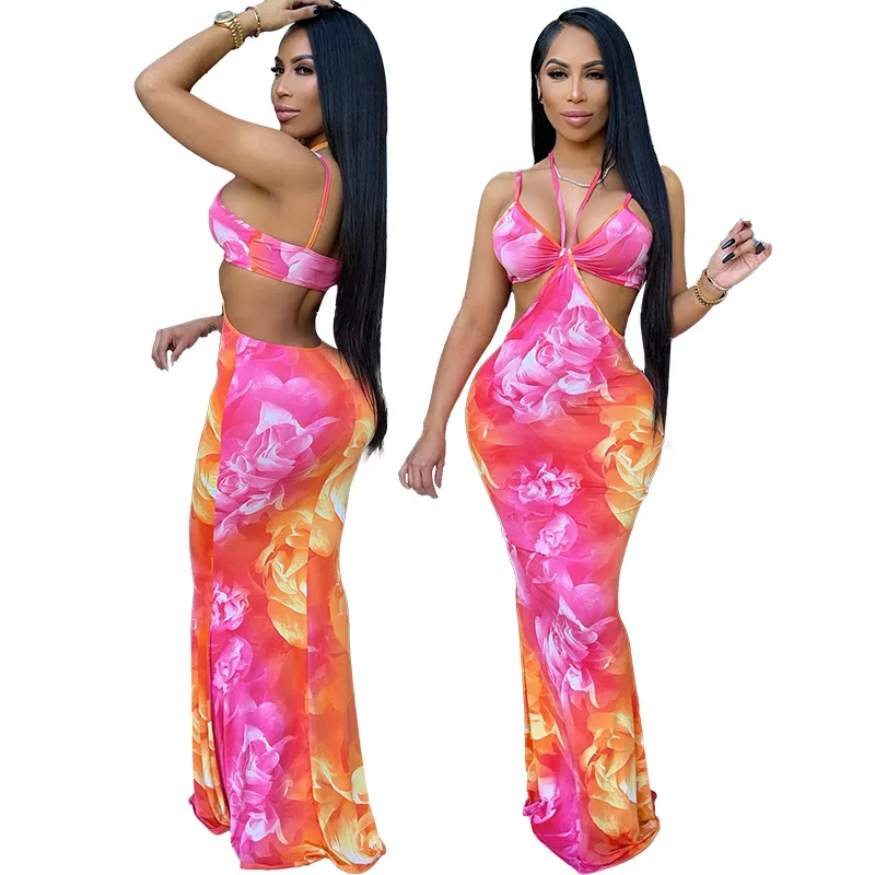 

SKMY Summer Clothes For Women New Tie-Dye Printing Boho Dress Sexy Night Club Wear Hollow Out Spaghetti Strap Long Dresses