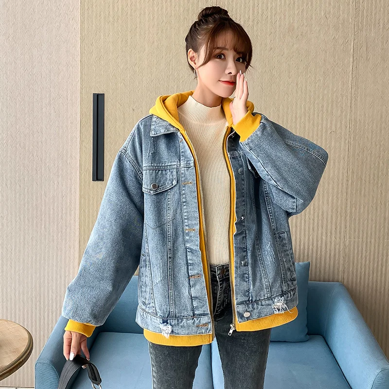 

Hooded Fake Two-piece Denim Jacket Women Autumn Winter 2023 Korean Version Loose Plush Thickened Lamb Hair Jeans Jacket Female