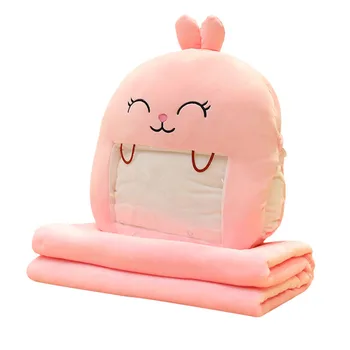 

2 in1 Plush Pillow Soft Flannel Blanket Stuffed Cute Rabbit Plush Pillow Children's Hand Warmer Bedroom Cushion for Office Home