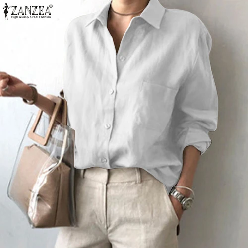 ZANZEA 여성용 캐주얼 루즈 OL 셔츠, 긴팔 비즈니스 블라우스, 칼라 버튼 튜닉 블라우스, 봄 가을 2