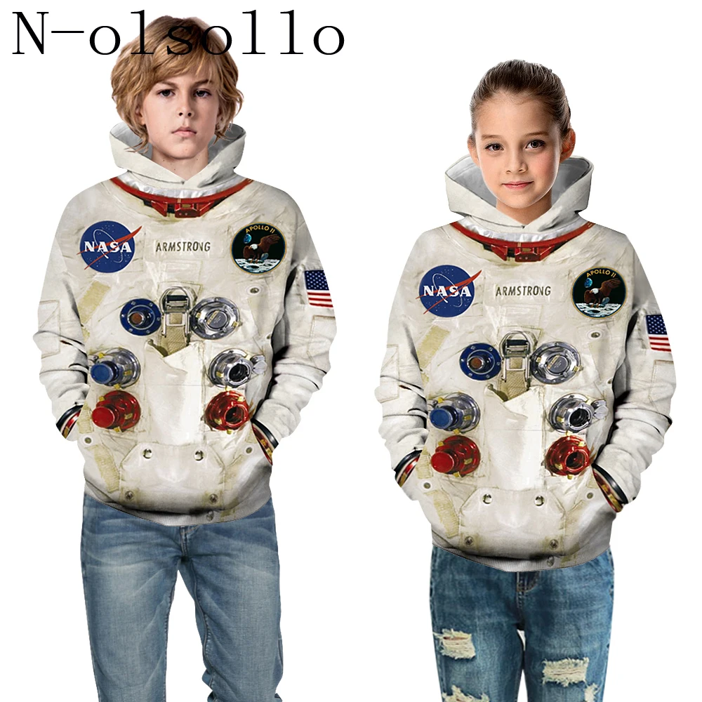 

N-olsollo 2019 New Autumn/Winter Kids Hooded Sweatshirts 3D Printed Astronaut Clothes Long Sleeve With Pocket Casual Pullovers