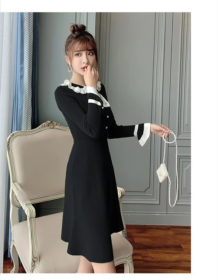 Jielur Langarm Gestrickte Kleid Warme Puppe Kragen Elegante Frauen Herbst Winter Mode Schlank Süße Schwarz Grün Pullover Kleider – Detail 6