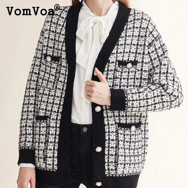 #^Special Price Vomvoa Houndstooth Knit Cardigan Women 2019 Single Breasted Loose Winter Sweater Jacket Casual Fashion Long Sleeve Cardigan