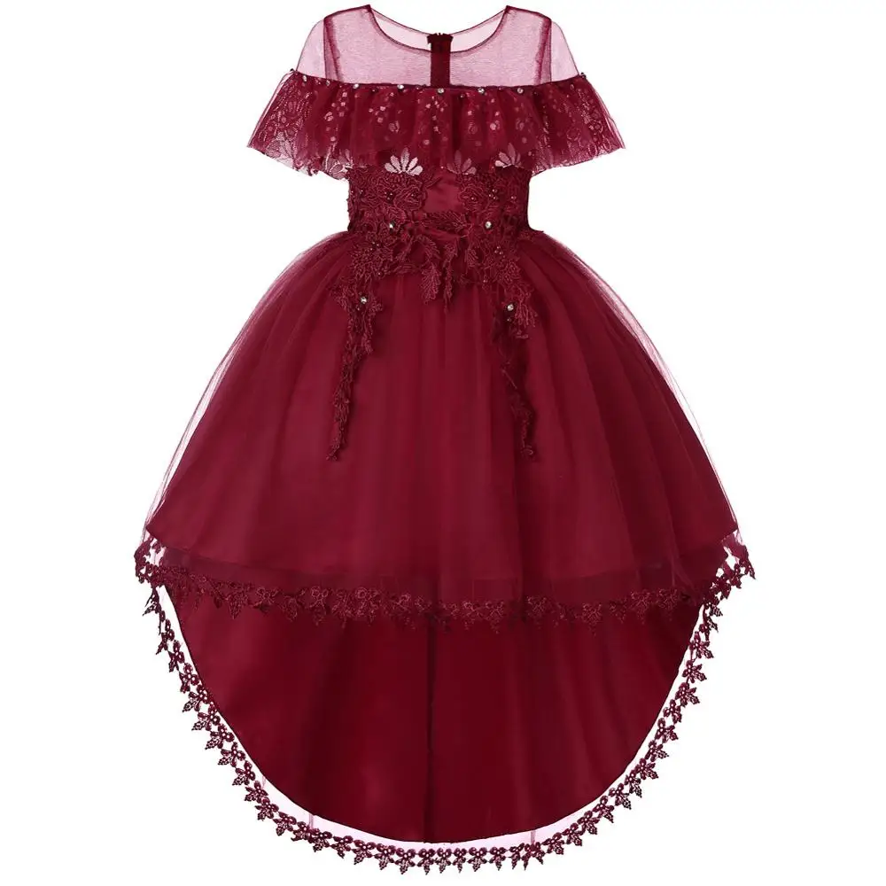 Детское платье средней и большой длины; юбка; кружевная юбка принцессы с цветочным узором для девочек; корейское платье с открытой спиной; детское платье с юбкой - Цвет: wine red