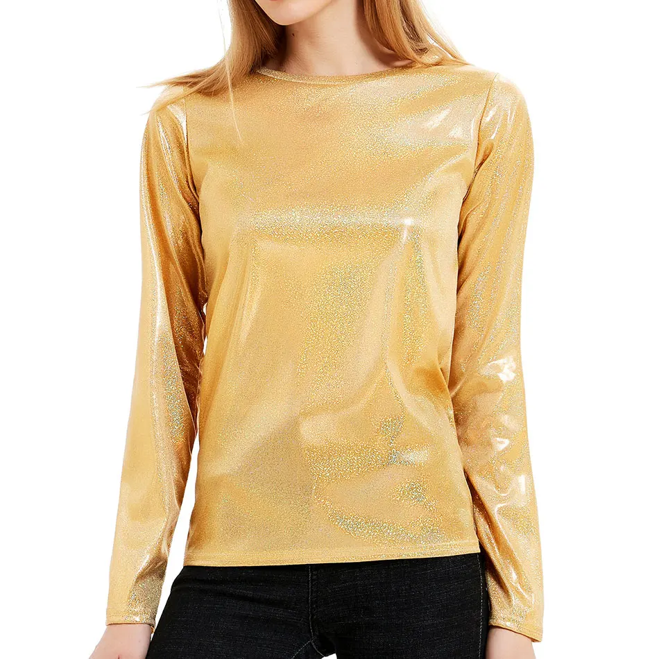 Блестящая женская футболка с металлическим блеском, блестящая футболка с круглым вырезом и длинными рукавами, голографическая Блестящая футболка с блеском - Цвет: Золотой
