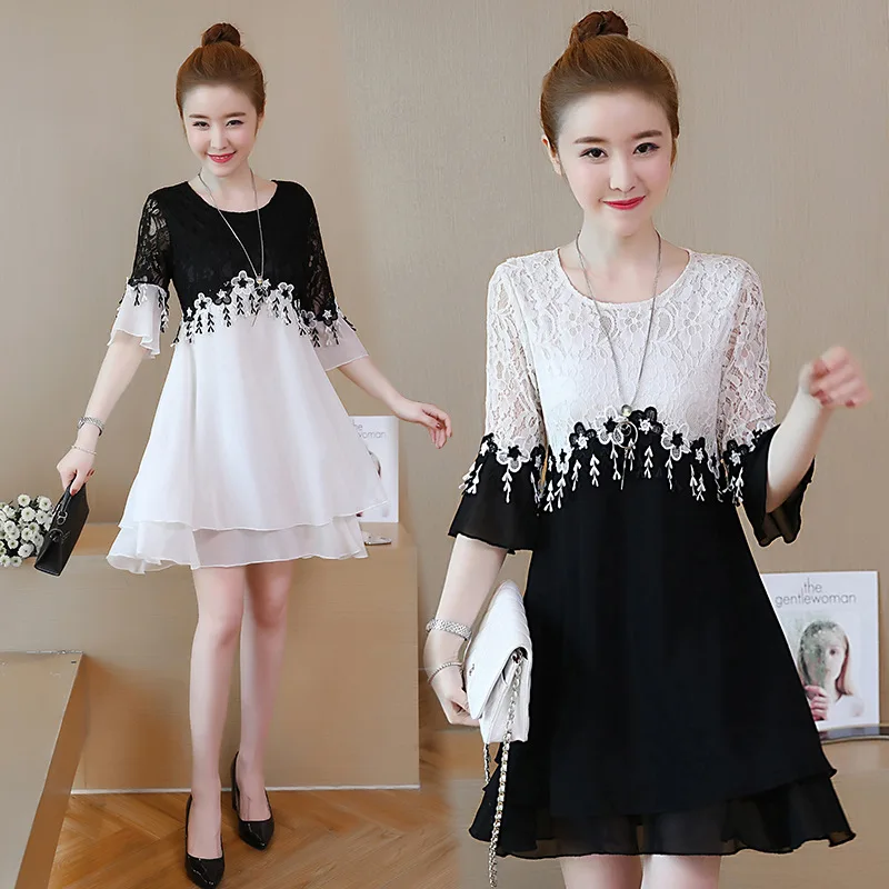 

Large Size Dress Summer New Style 2018 Short Sleeve Loose-Fit Slimming Dress Lace Black And White Lace-up