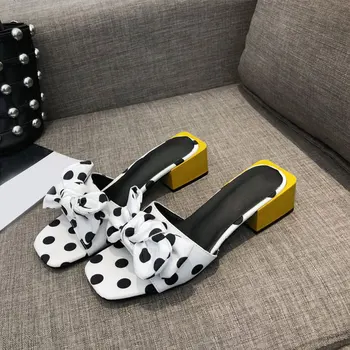 

2020 Woman Sandals Women Peep Toe Bowtie Polka Dot Slip On Square Heel Beach Casual Ladies Fashion Female Elegant New Shoes