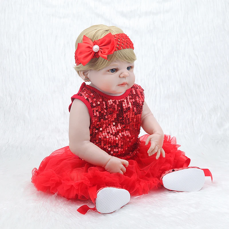 55 см Reborn Baby Doll игрушка полностью силиконовая моющаяся Красная принцесса платье ткань тело короткие волосы Реалистичная кукла малыш подарки для детей