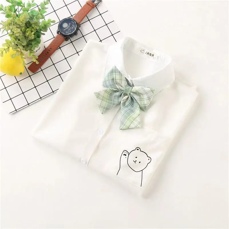 QWEEK Kawaii Shirt Women Anime Funny Bear Print Blouse with Bow Tie 2021 Fashion Japanese Style Soft Girl Uniform School Clothes