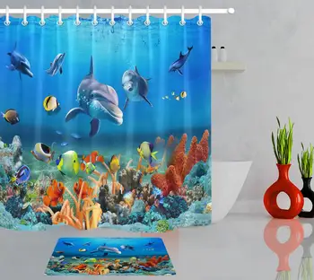 

Marine Life Animal Underwater World Fish Bathroom Curtain Waterproof Polyester Shower Curtain Bath Screen Children's Room Decor