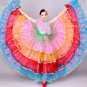 

Spanish Flamenco Modern Dance Dress Multicolor Mesh Ruffle Layer Swing Ballroom Costume 912-A093