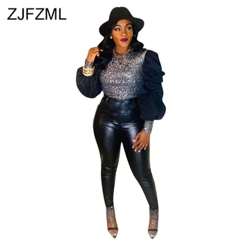 

Bling Sequined Cropped Top for Women Long Puff Sleeve Elegant Glitter T Shirts 2020 Spring Plus Size O-Neck Slim Tee Shirt Femme