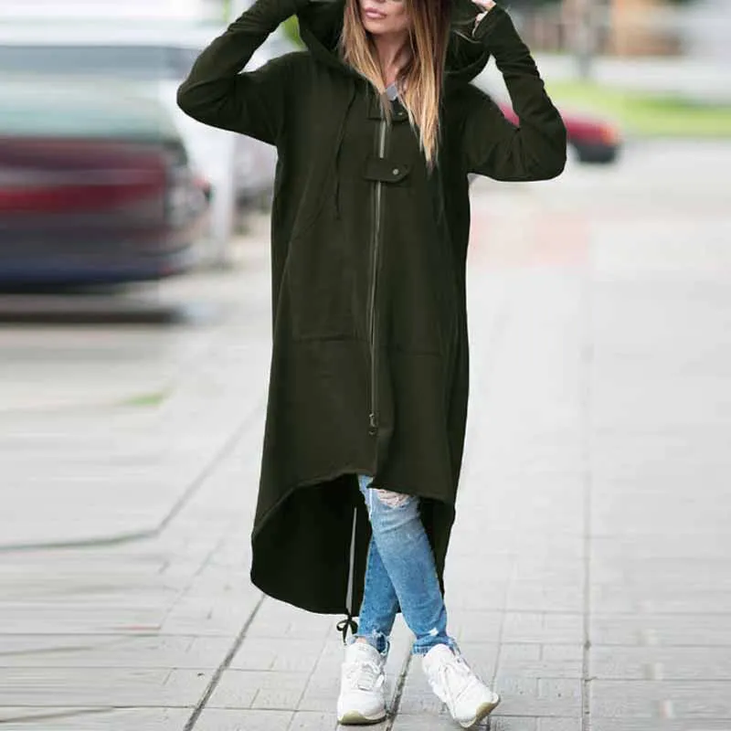 Best 2019 ZANZEA Women Hooded Long Sleeve Zipper Drawstring Casual Irregular Coat Casual Solid Long Jack