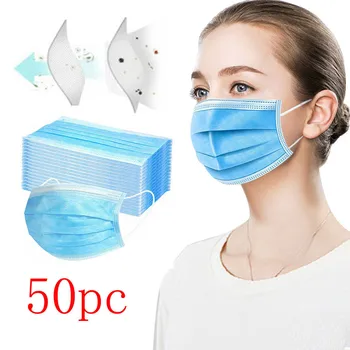 

Solid color FaceMask 3 Layer Protection face mask with filters 50PC Non-woven Ear hook mondmasker easy breathing mouth masks