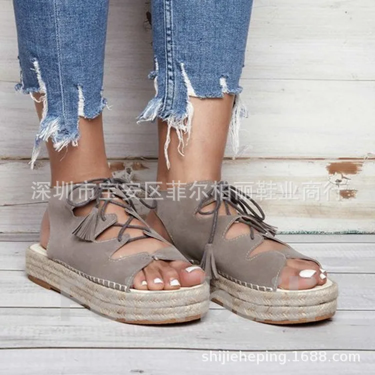 

Outside 2019 New Style Large Size Thick Bottomed Flat Heel Rome Lace-up Women's Rome Sandals