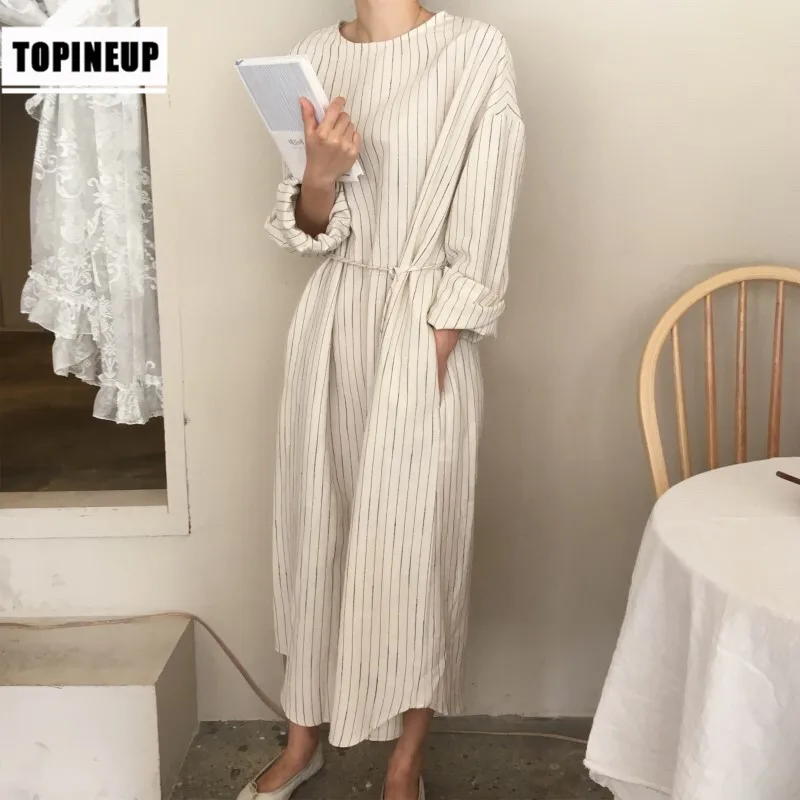 

2019 Korean Style Long Cotton Linen Striped Loose Lace Dress With String Casual Elegant Women Dresses With belt Loose Plus Size