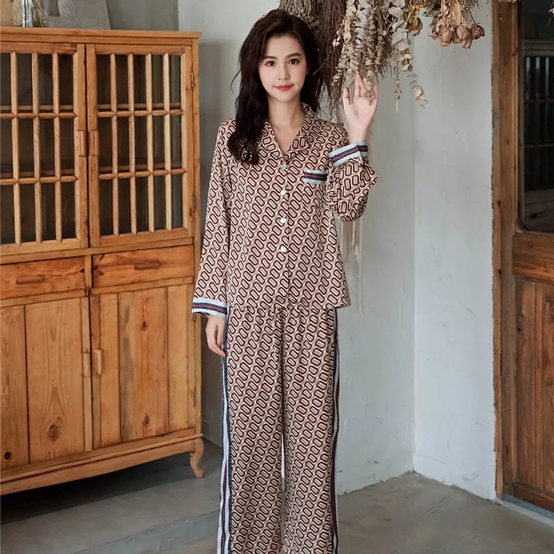 

Fiklyc Pajamas Ladies Spring Thin Section Ice Silk Loose Long-Sleeved Casual Cardigan Home Service Two-Piece Suit